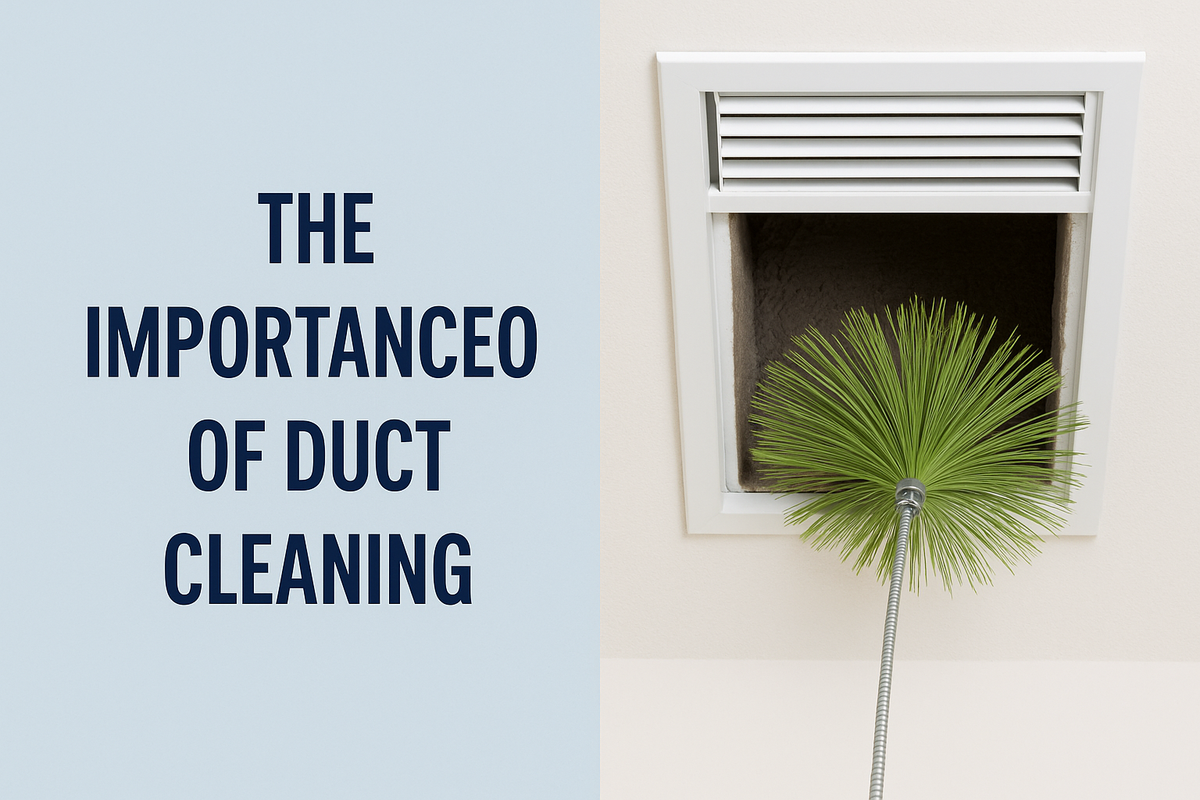 Green duct brush cleaning inside air vent as part of routine duct cleaning